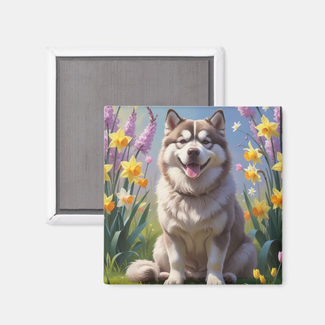 Aimant Malamute de chien de l'Alaska Fleurs de printemps  (Recto/Verso)