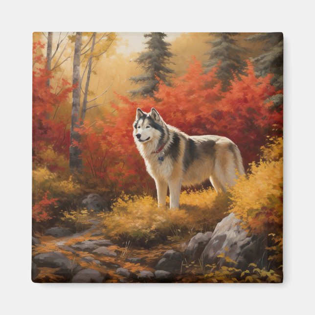 Aimant Malamute en Alaska à l'automne Feuilles automne in (Devant)