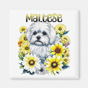 Aimant Maltais Petite : Gris de chien blanc en fleurs jau