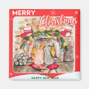 Aimant Manoir de Noël confortable avec chien et chat