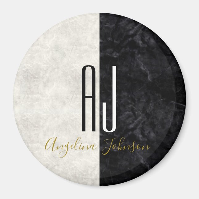 Aimant Marbre Monogramme Initiales Géantes Noir et Blanc (Devant)