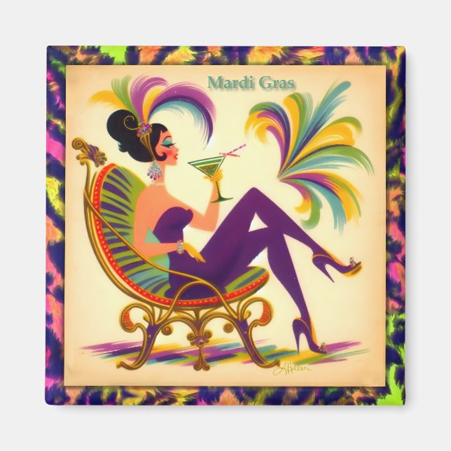 Aimant Mardi Gras Femme Au Milieu Du Siècle Avec Martini (Devant)