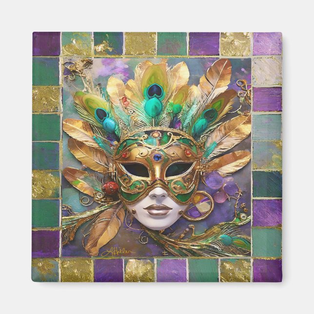 Aimant Mardi Gras Gold et vert Peacock Feature Masque (Devant)