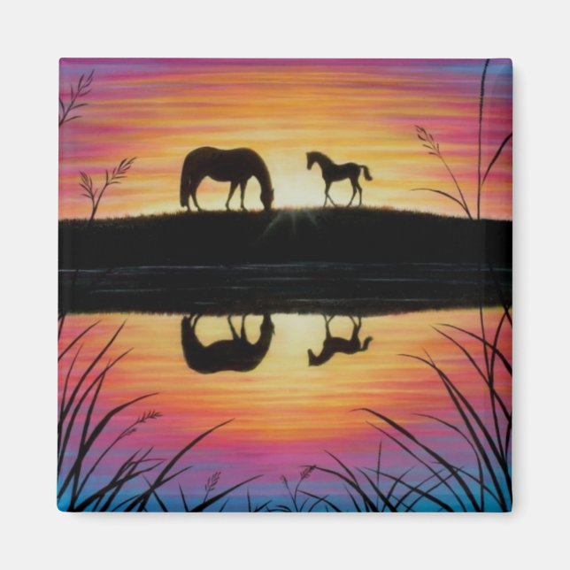 Aimant Mare et Foy Sunrise carré d'aimant pour cheval (Devant)