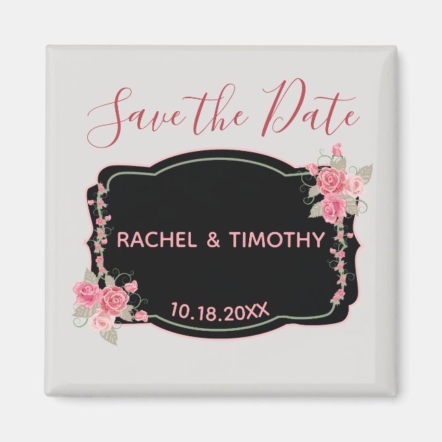 Aimant Mariage floral rose et argent Enregistrer la date (Devant)