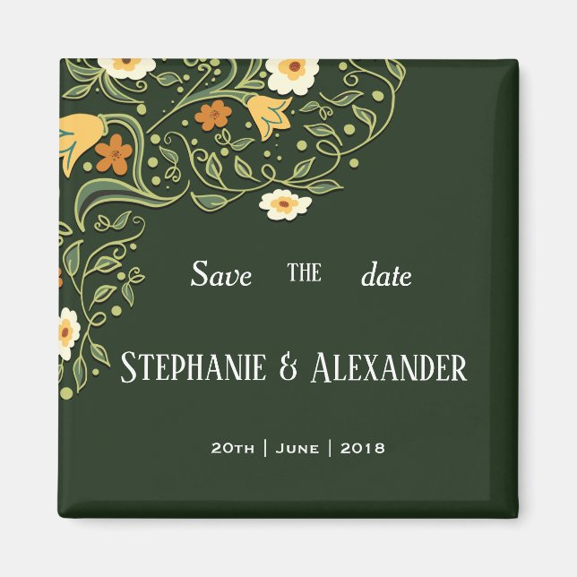 Aimant Mariage floral vert Enregistrer la date (Devant)