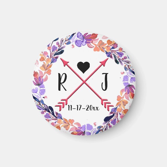 Aimant Mariage floral violet Monogramme Conception de la  (Devant)