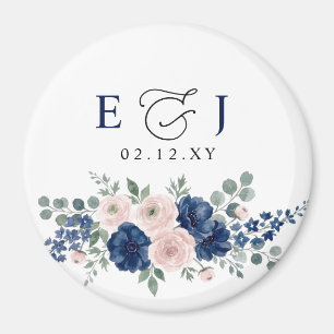 Aimant Mariage Moderne Floral Bleu Marine et Rose