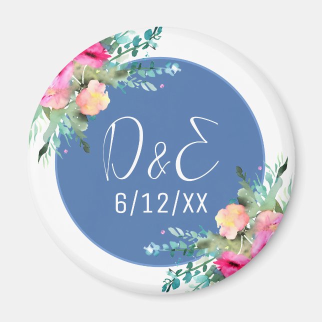 Aimant Mariage rose rose rose floral bleu Personnalisé (Devant)