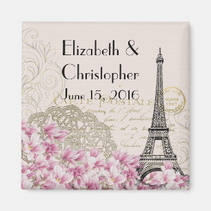 Aimant Mariage Tour Eiffel vintage et Fleurs roses Date