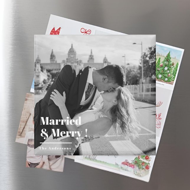 Aimant Marié & Joyeux | Élégant Mariage noir et blanc (Créateur téléchargé)