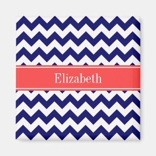 Aimant Marine Bleu Blanc Chevron Corail Nom rouge Monogra