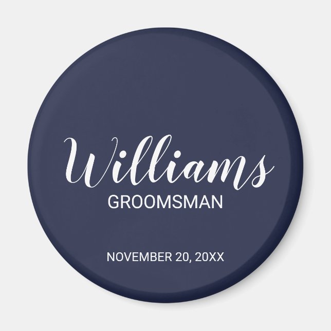 Aimant Marine Blue Modern Script Personnalisé Groomsman (Devant)