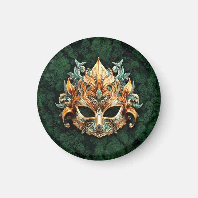 Aimant Masque doré sur fond vert forêt (Devant)