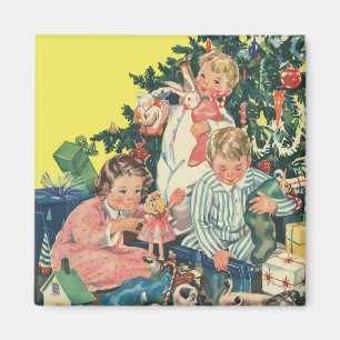 Aimant Matin de Noël Vintage, Enfants Ouverture Cadeaux