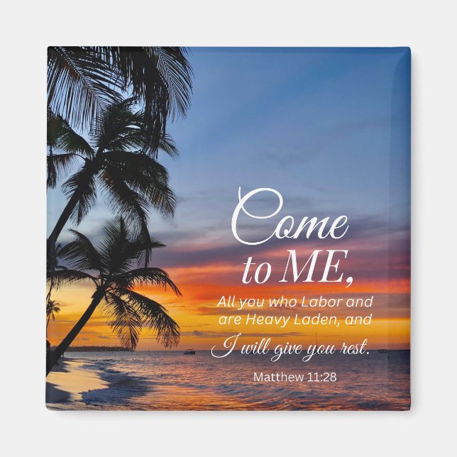 Aimant Matthieu 11:28 Bible Verse Palmiers Coucher de sol (Devant)