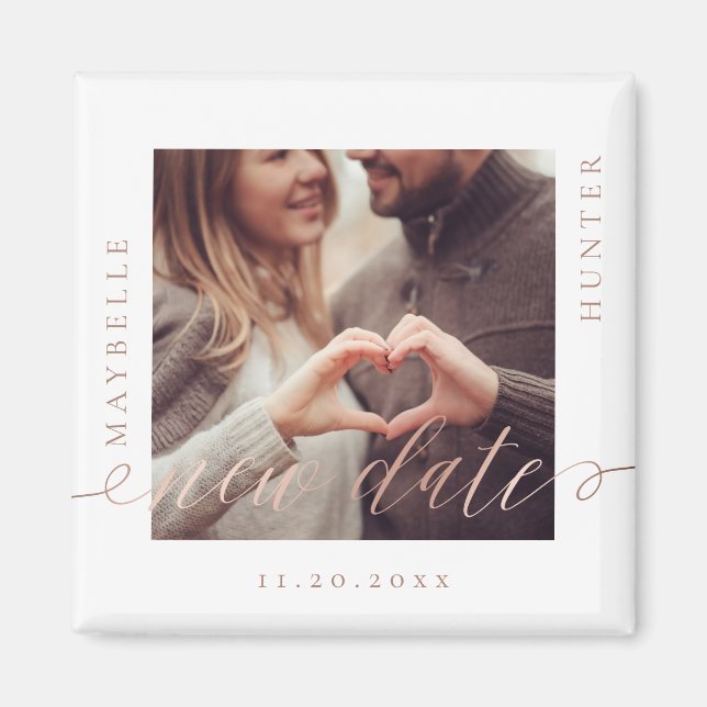 Aimant Même plan Nouvelle date | Rose Gold Script Couple  (Devant)
