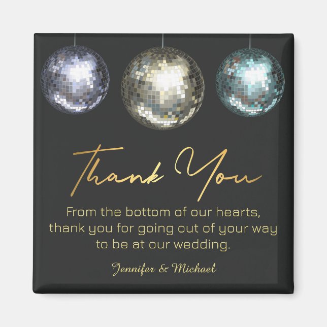 Aimant merci boules disco noir or mariage (Devant)