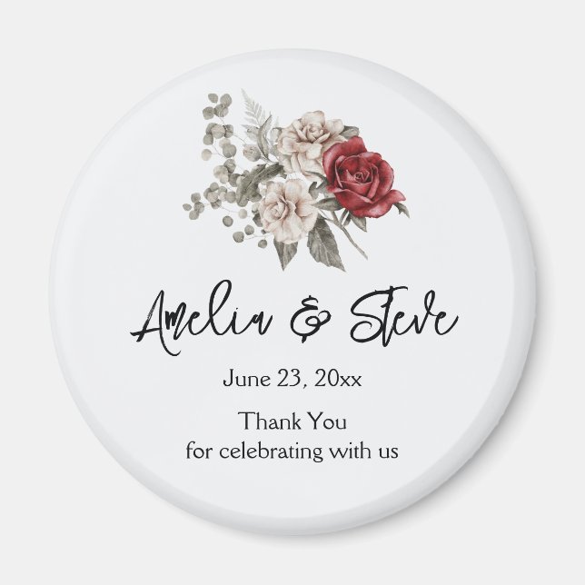 Aimant Merci Mariage crème & Rose rouge (Devant)