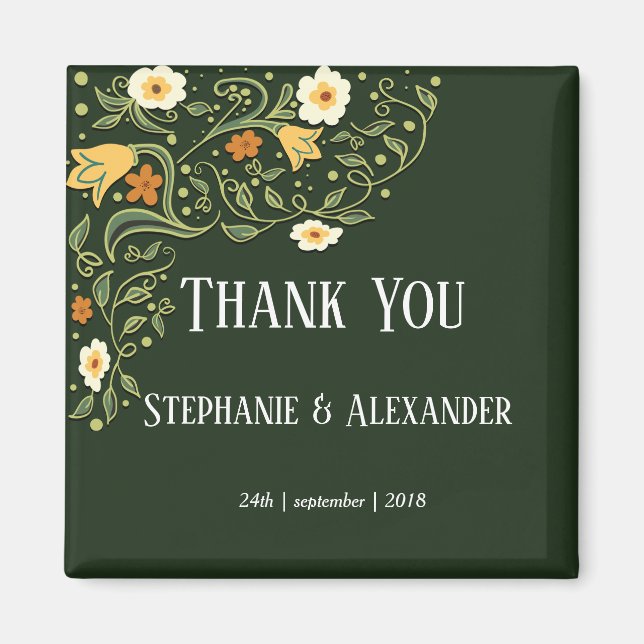Aimant Merci Mariage vert Floral (Devant)