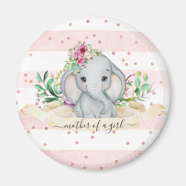 Aimant Mère d'une fille - Bébé Eléphant et Fleurs (Devant)