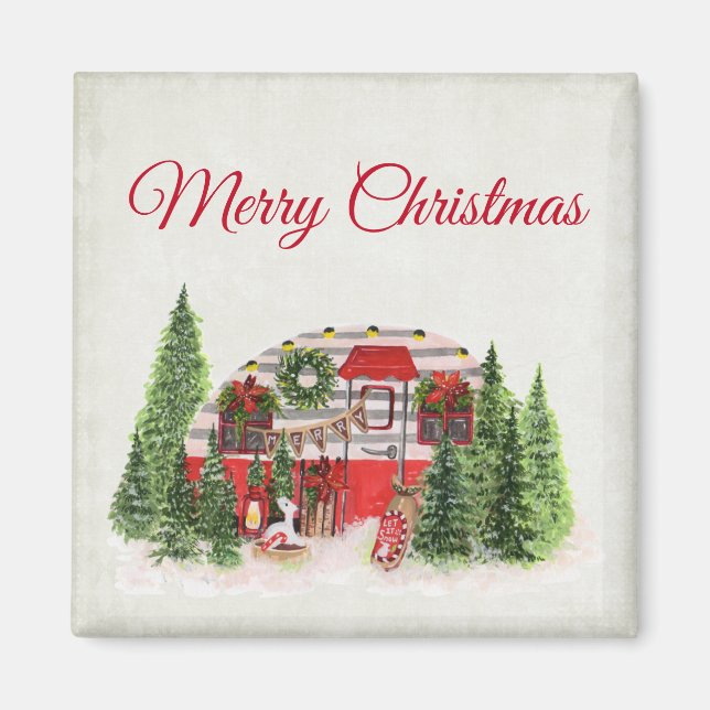 Aimant Merry Christmas Trailer Camper Rustic Scene (Devant)