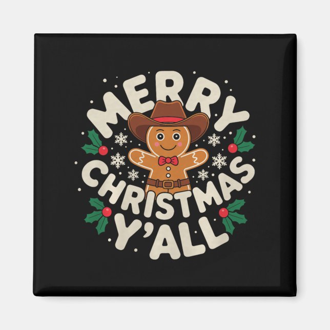Aimant Merry Christmas Yall Gingerbread Cowboy Howdy West (Devant)