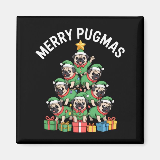 Aimant Merry Pugmas Funny Pug Christmas Tree Holiday Long (Devant)