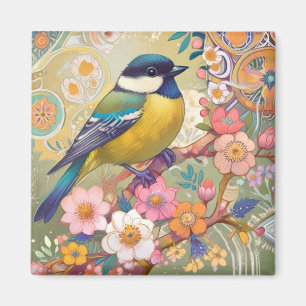 Aimant Mésange Charbonnière Oiseau Floral Fleurs Coloré