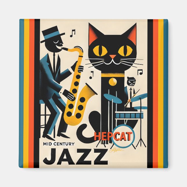 Aimant Mi siècle Jazz Age HepCat Chat Noir (Devant)