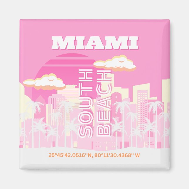 Aimant Miami Beach, Miami Travel Art, Preppy, rose (Devant)