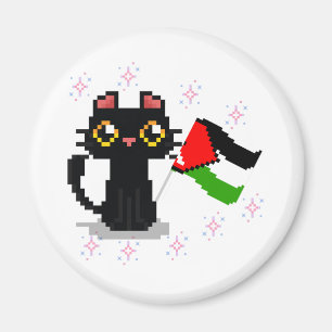 Aimant mignon chat noir tient drapeau de la Palestine
