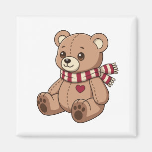 Aimant Mignon ours en peluche beige avec écharpe rayée