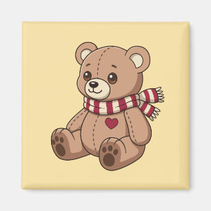 Aimant Mignon ours en peluche beige avec écharpe rayée ja