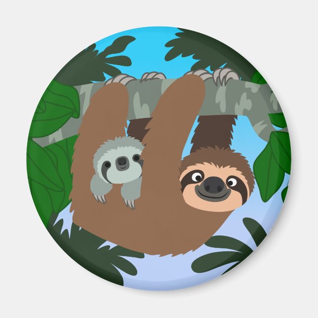Aimant Mignonne Cartoon Mère Sloth Et Bébé (Devant)