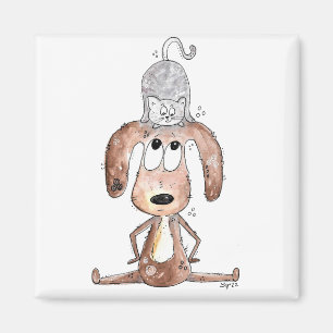 Aimant Mignonne chien Whimsical avec chat sur sa tête