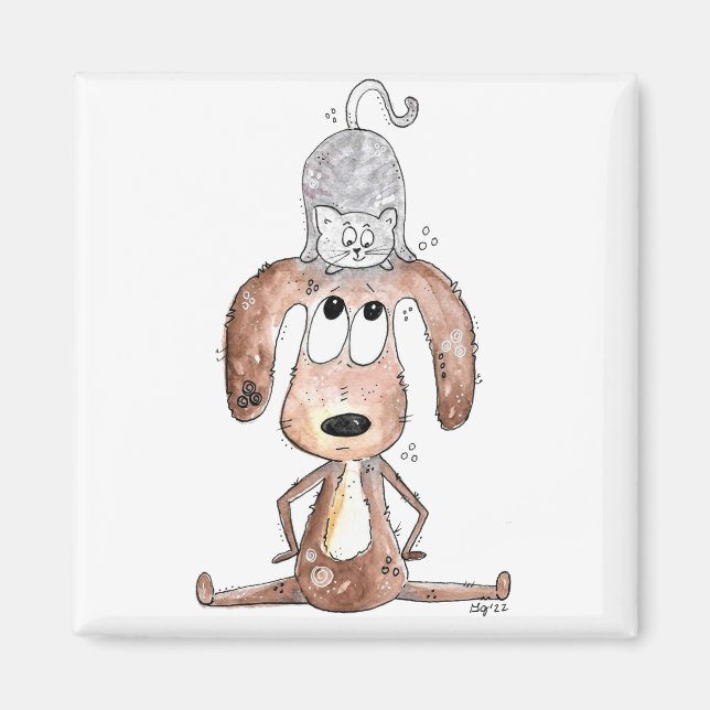 Aimant Mignonne chien Whimsical avec chat sur sa tête (Devant)