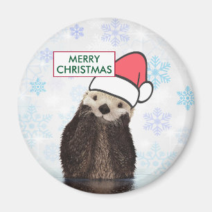 Aimant Mignonne Otter portant un chapeau de Père Noël Joy