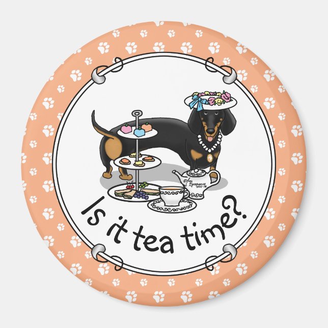 Aimant Mignonne Tea Party Dachshund Dog (noir & bronzage) (Devant)