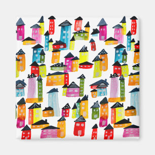 Aimant Mignonnes maisons colorées aquarelle art