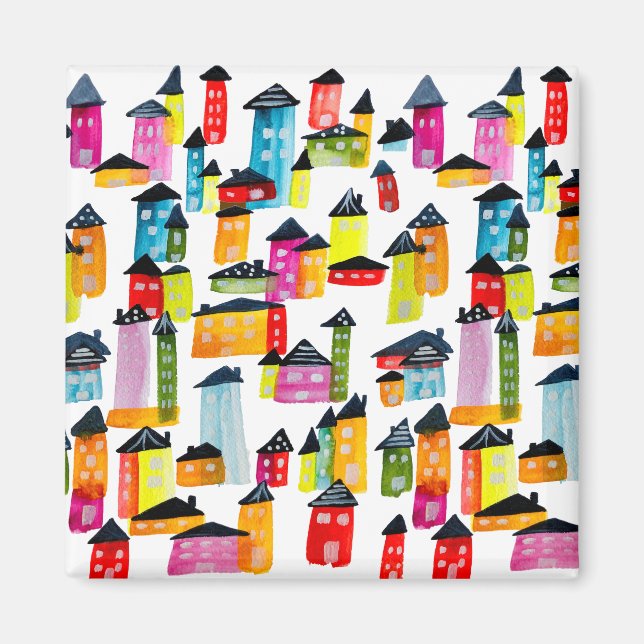 Aimant Mignonnes maisons colorées aquarelle art (Devant)