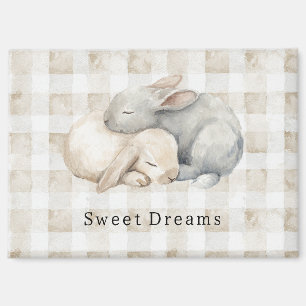 Aimant Mignons lapins endormis carreaux gris crème