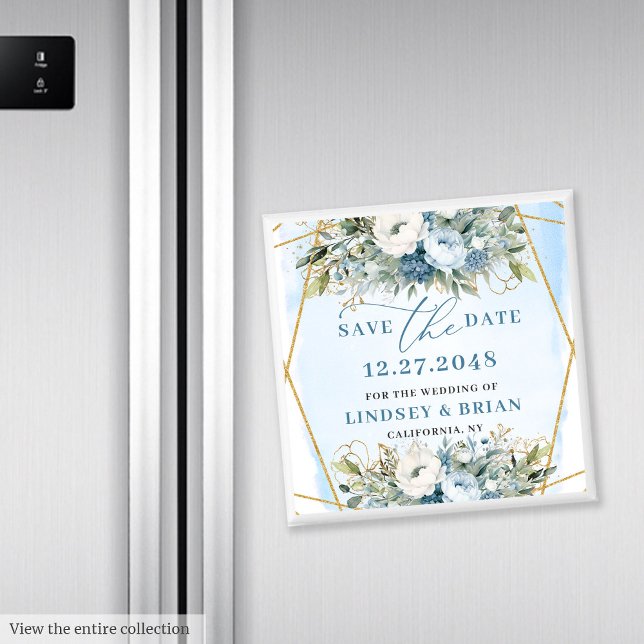 Aimant Minimaliste Dusty Blue Floral Gold Enregistrer la  (Minimalist Dusty Blue Floral Gold Save the Date)