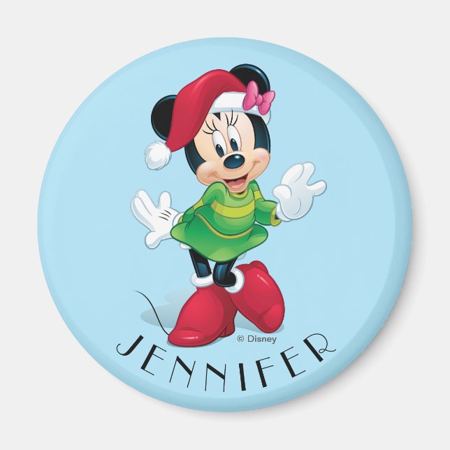 Aimant Minnie Vêtue Pour Noël | Ajouter Votre Nom (Devant)