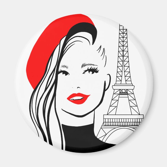 Aimant Mode illustration femme française au béret rouge (Devant)