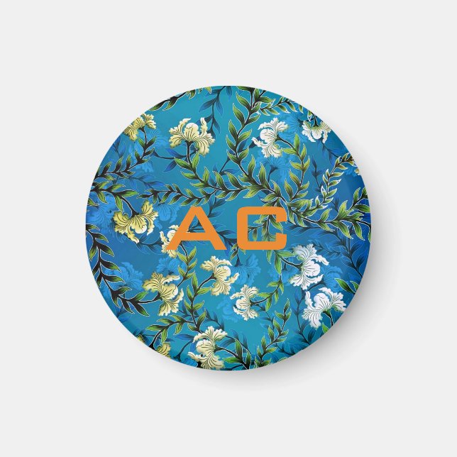 Aimant Moderne Monogramme Bleu Floral Chic (Devant)