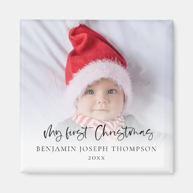 Aimant Mon premier script photo de Noël Nom bébé Année (Devant)