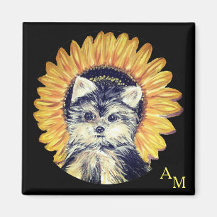 Aimant Monogram, chien du Yorkshire & tournesol sur fond