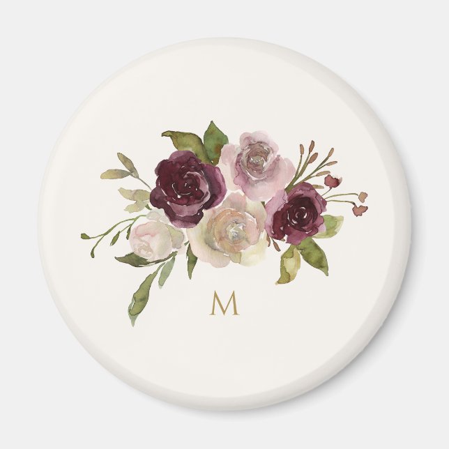Aimant Monogramme d'aquarelle florale rose-bourgogne mode (Devant)