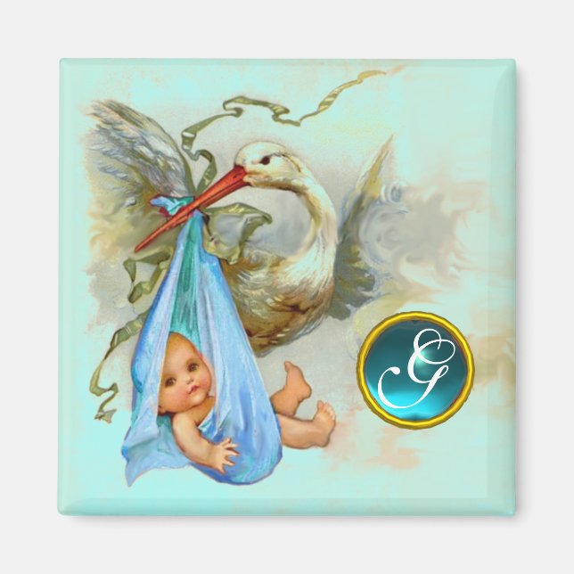 Aimant MONOGRAMME de la DOUCHE 2 de BÉBÉ de CIGOGNE, (Devant)